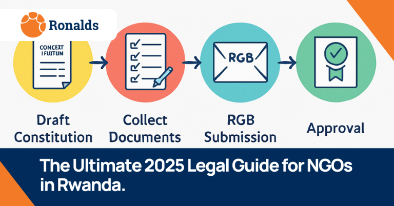 Colorful infographic of Rwanda's NGO registration process using circular icons and labeled steps: Draft Constitution, Collect Documents, RGB Submission, and Approval.